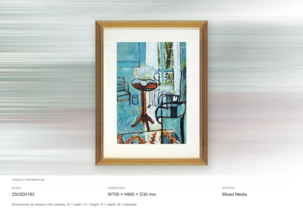 Blue Interior Scene Painting in Gold Frame, 70 x 90 cm — dimensions