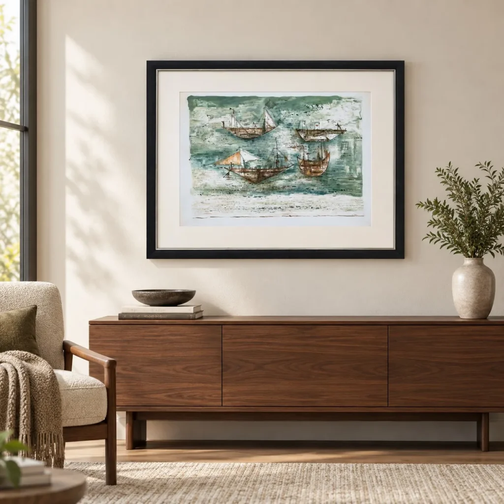 Harbour Boats Ink Wash in Black Frame, 90 x 70 cm — front view