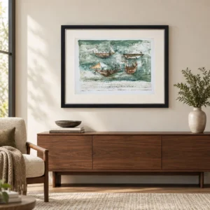Harbour Boats Ink Wash in Black Frame, 90 x 70 cm — front view