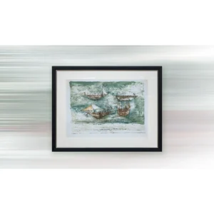 Harbour Boats Ink Wash in Black Frame, 90 x 70 cm — in a room setting