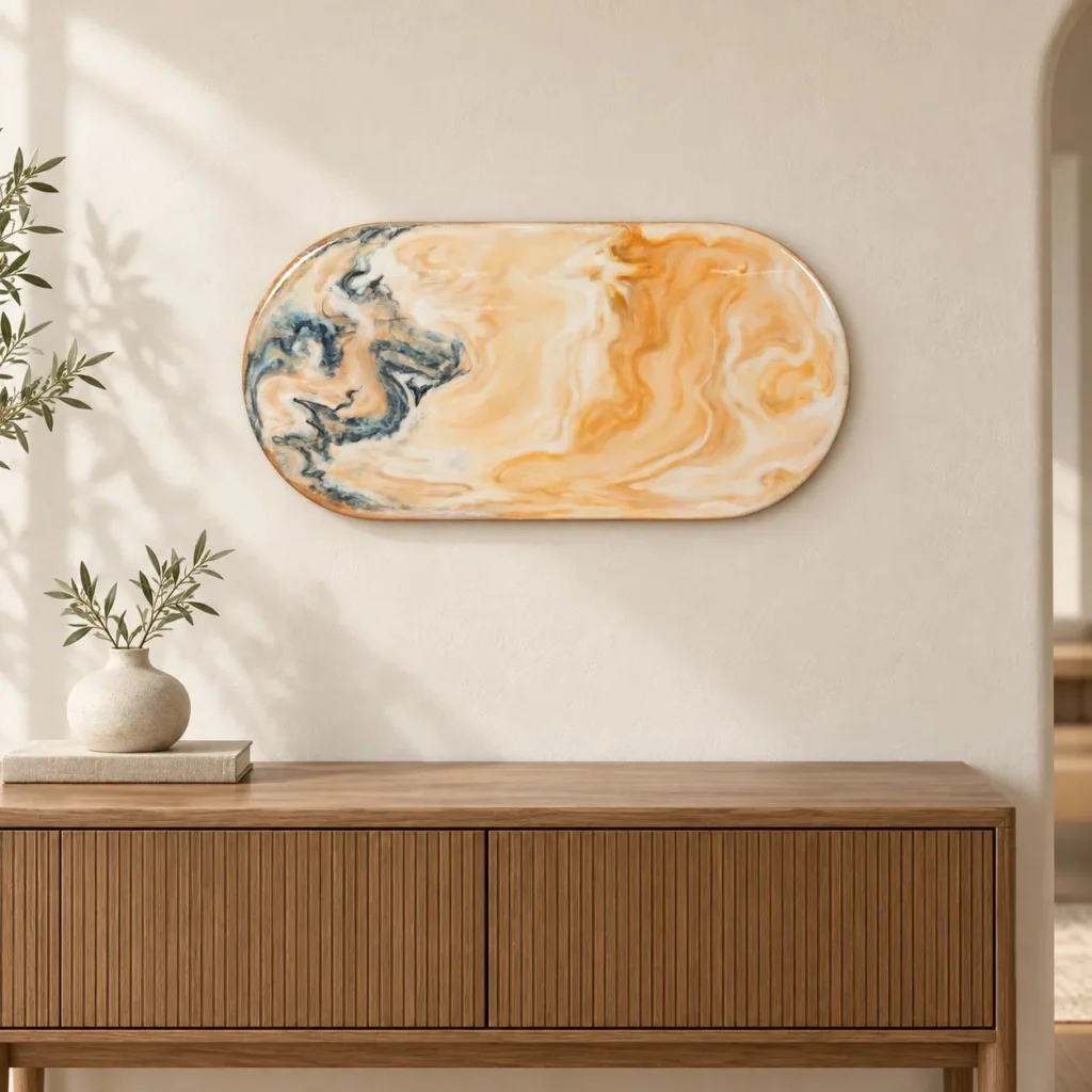 Oval Marbled Amber and Grey Wall Art, 50 x 25 cm in rust — front view