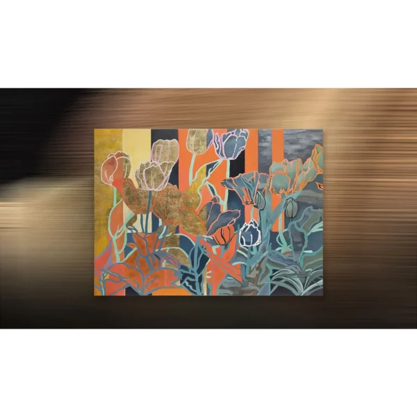 Stylised Floral Painting in rust — in a room setting