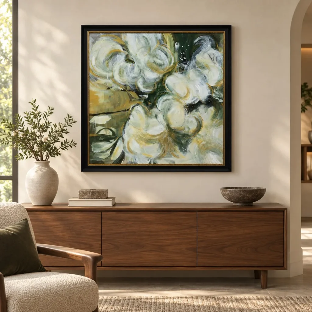 White Rose Impasto Painting in Black Frame, 90 x 90 cm — front view