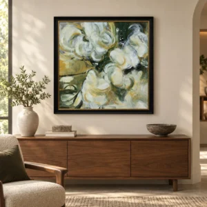White Rose Impasto Painting in Black Frame, 90 x 90 cm — front view