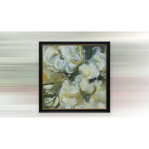 White Rose Impasto Painting in Black Frame, 90 x 90 cm — in a room setting