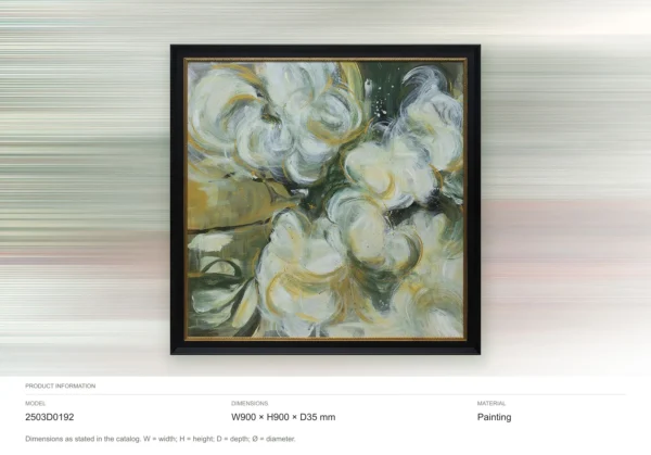 White Rose Impasto Painting in Black Frame, 90 x 90 cm — dimensions