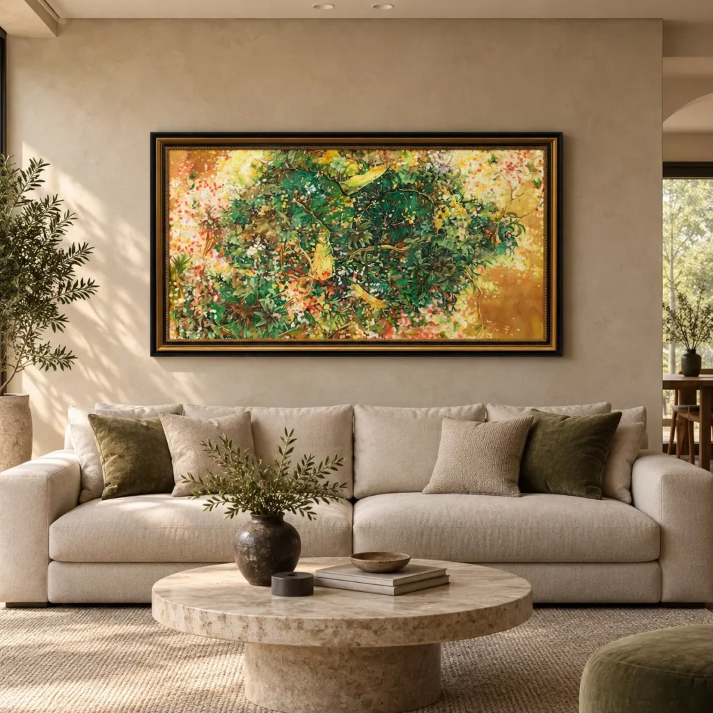 Wide Green and Gold Foliage Painting in olive — front view