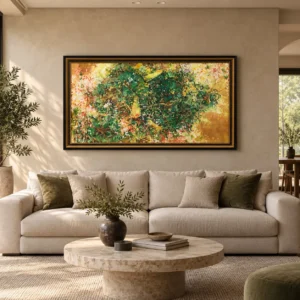 Wide Green and Gold Foliage Painting in olive — front view