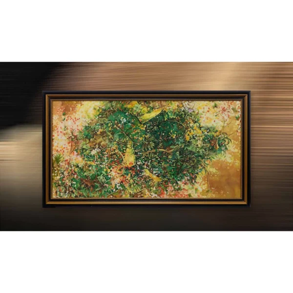 Wide Green and Gold Foliage Painting in olive — in a room setting