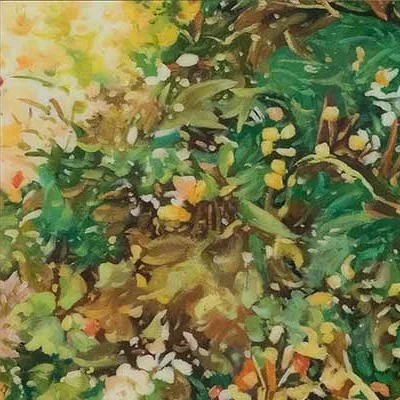 Wide Green and Gold Foliage Painting in olive — detail