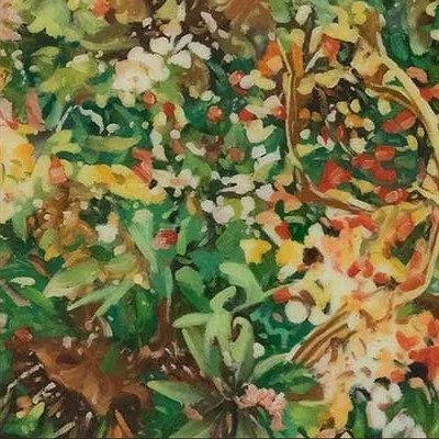 Wide Green and Gold Foliage Painting in olive — detail