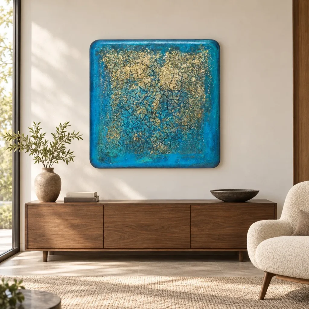 Turquoise and Gold Crackle Glazed Slab, 90 x 90 cm in blue — front view