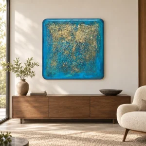 Turquoise and Gold Crackle Glazed Slab, 90 x 90 cm in blue — front view