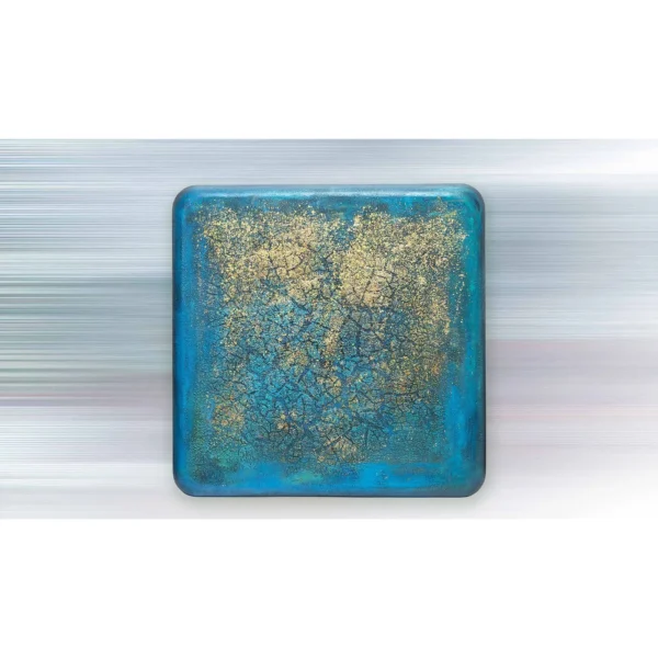 Turquoise and Gold Crackle Glazed Slab, 90 x 90 cm in blue — in a room setting