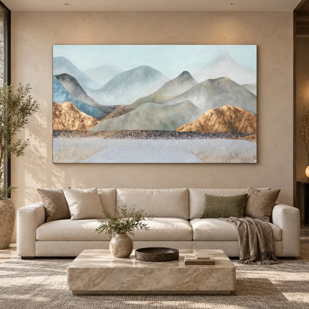 Monumental Layered Mountain Painting, 240 x 140 cm in blue — front view