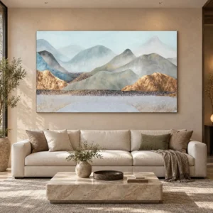 Monumental Layered Mountain Painting, 240 x 140 cm in blue — front view