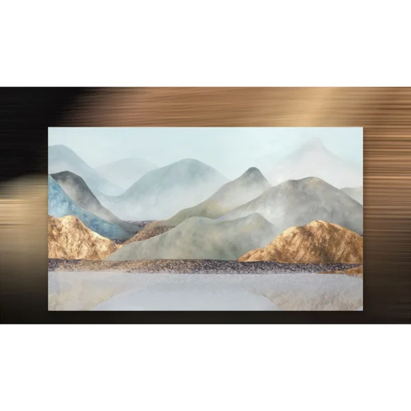 Monumental Layered Mountain Painting, 240 x 140 cm in blue — in a room setting