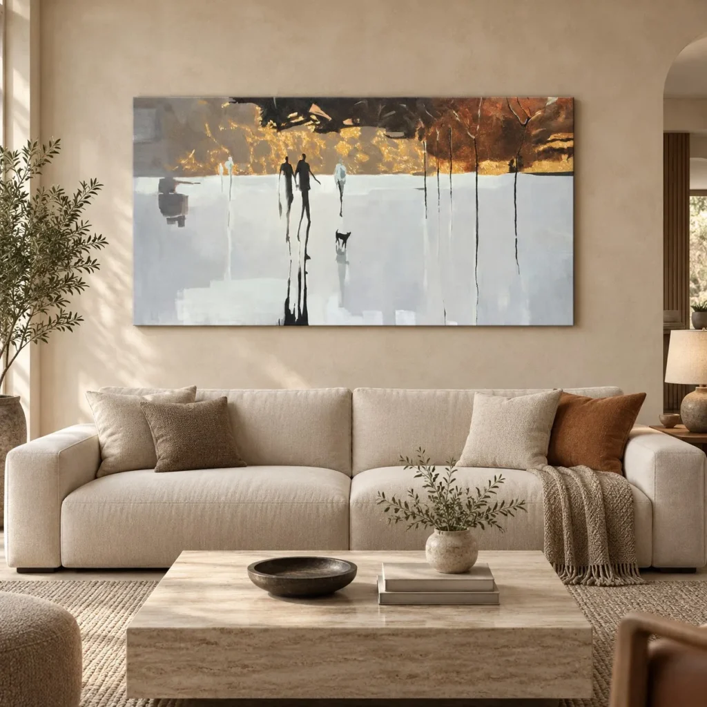 Wide Figures in Rain Abstract Painting, 150 x 80 cm — front view
