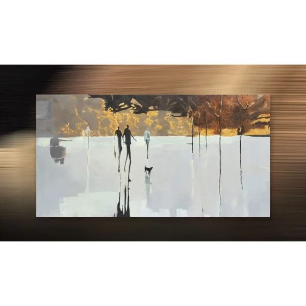 Wide Figures in Rain Abstract Painting, 150 x 80 cm — in a room setting