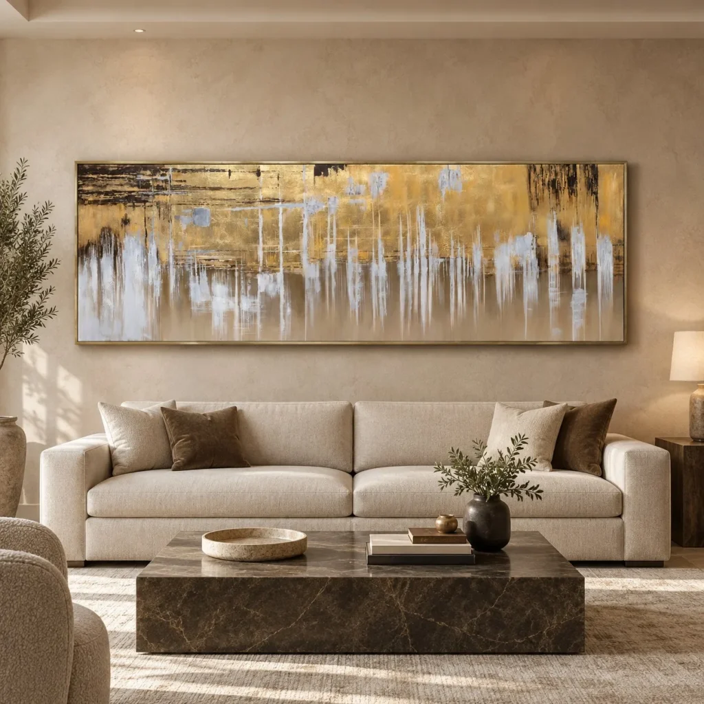 Panoramic Gold and Silver Drip Wall Art, 250 x 82 cm in brushed brass — front view