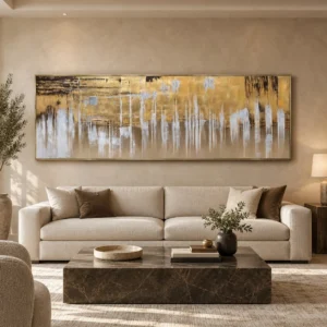 Panoramic Gold and Silver Drip Wall Art, 250 x 82 cm in brushed brass — front view