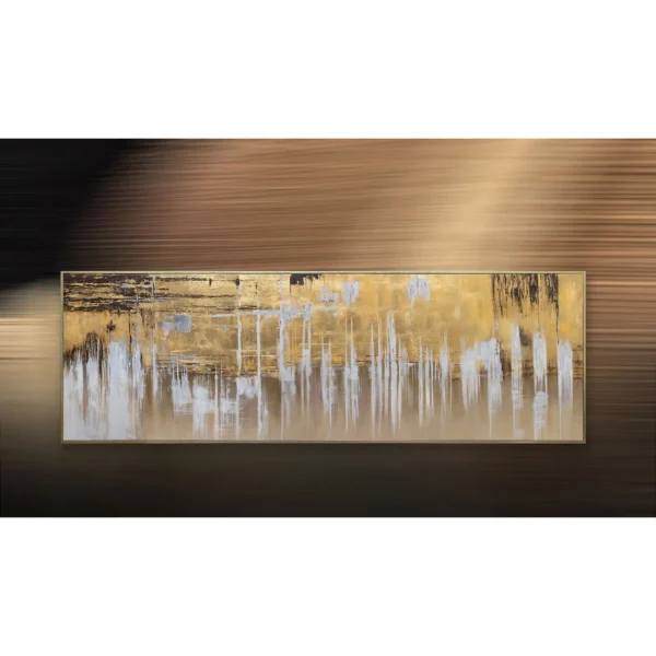 Panoramic Gold and Silver Drip Wall Art, 250 x 82 cm in brushed brass — in a room setting