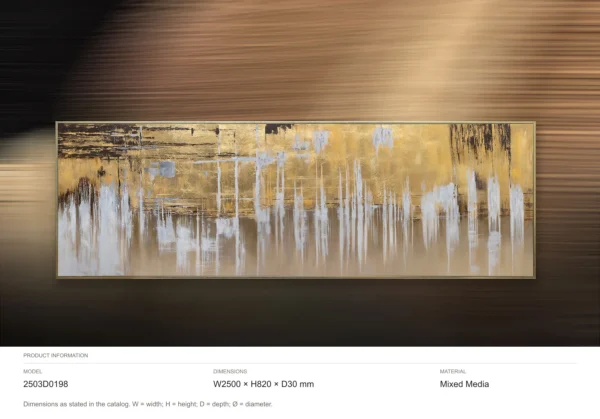 Panoramic Gold and Silver Drip Wall Art, 250 x 82 cm in brushed brass — dimensions