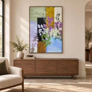 Wisteria Collage Painting in Slim Frame, 90 x 120 cm — front view