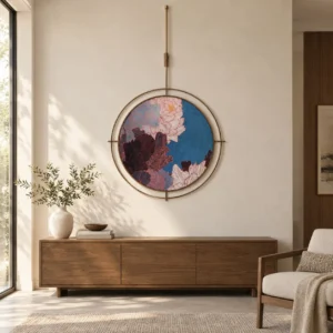Round Peony Mosaic in Brass Ring on Rod, 90 x 150 cm — front view