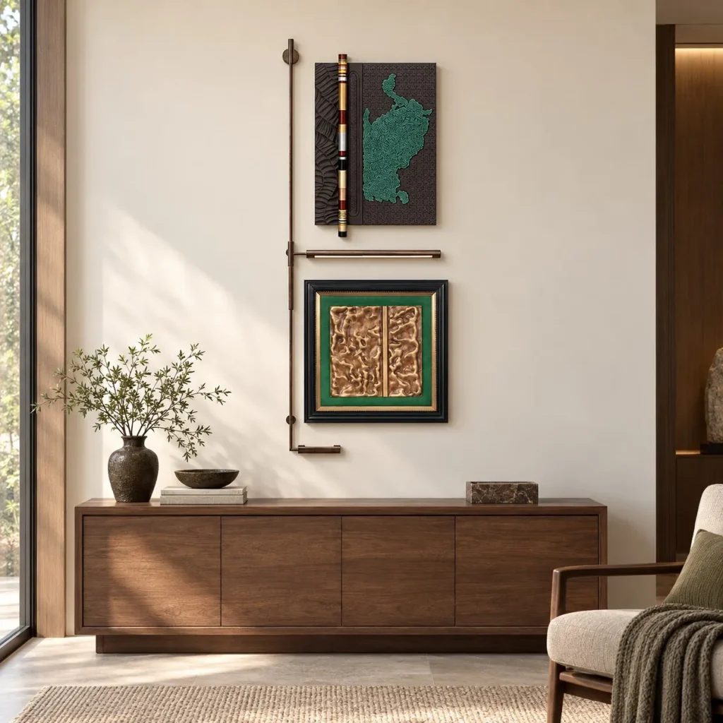 Green Relief and Gold Panel Set on Brass Rod, 60 x 153 cm in olive — front view