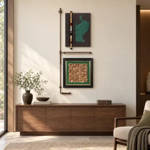 Green Relief and Gold Panel Set on Brass Rod, 60 x 153 cm in olive — front view