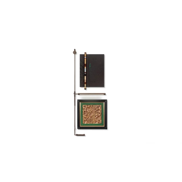 Green Relief and Gold Panel Set on Brass Rod, 60 x 153 cm in olive — in a room setting