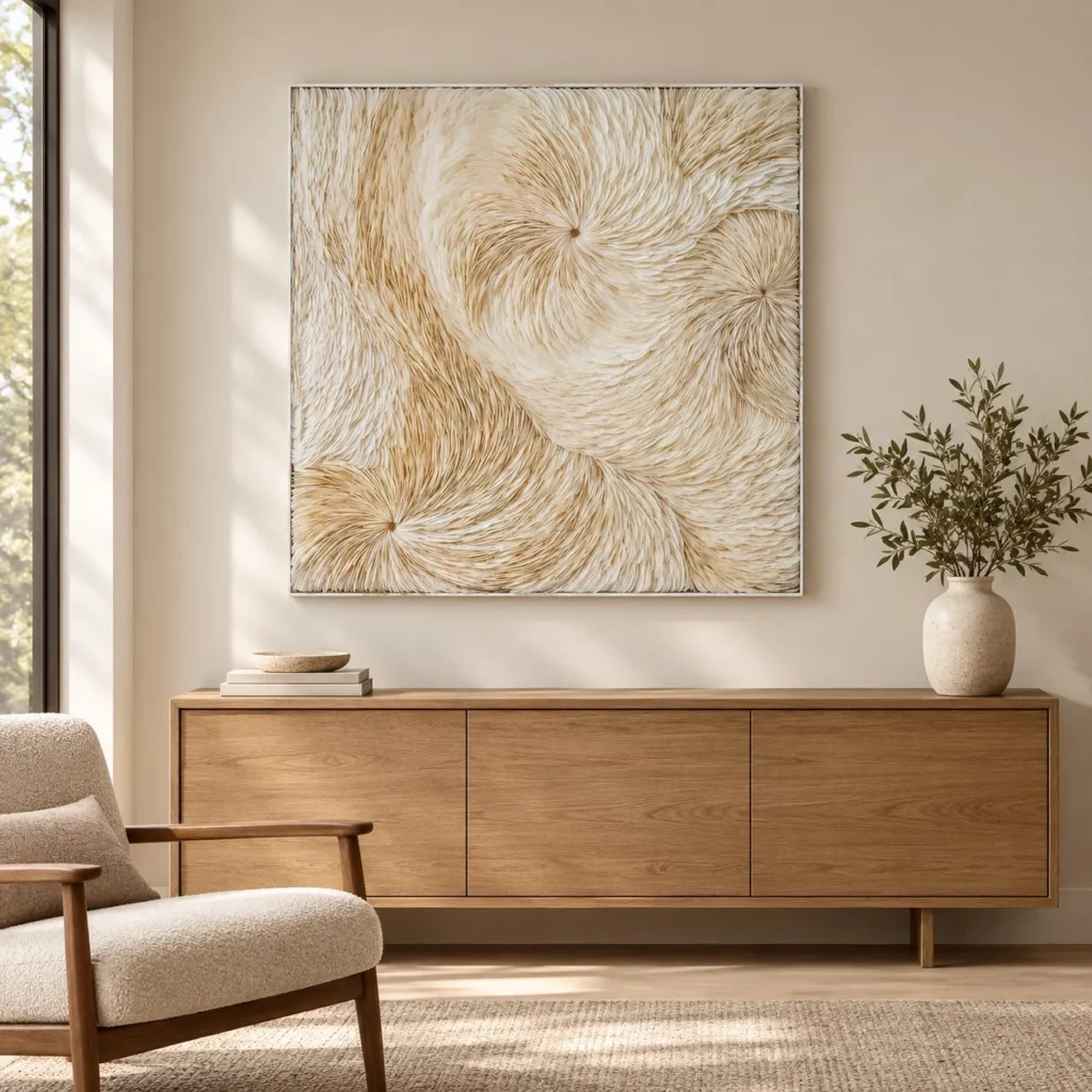 Cream Feather Swirl Relief Wall Art, 100 x 100 cm in oatmeal — front view