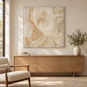 Cream Feather Swirl Relief Wall Art, 100 x 100 cm in oatmeal — front view