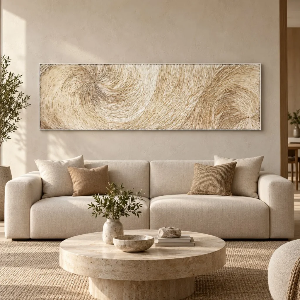 Panoramic Cream Feather Swirl Relief Wall Art, 200 x 60 cm in oatmeal — front view