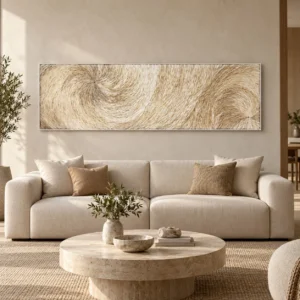 Panoramic Cream Feather Swirl Relief Wall Art, 200 x 60 cm in oatmeal — front view