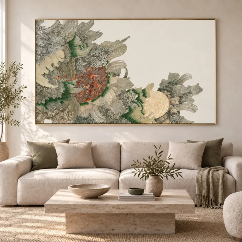 Wide Coral Reef Relief Wall Art in olive — front view