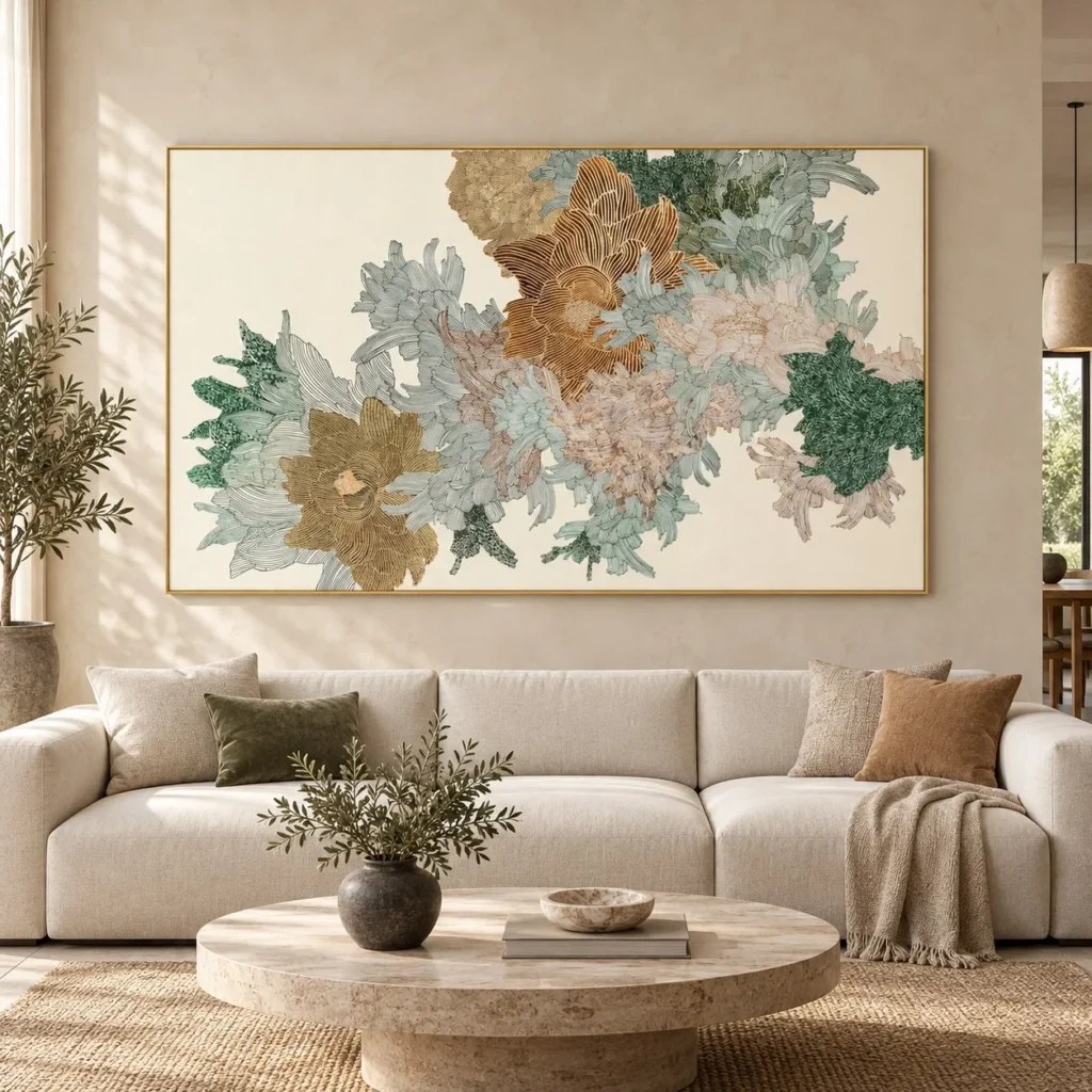 Wide Coral Bloom Relief Wall Art in blue — front view