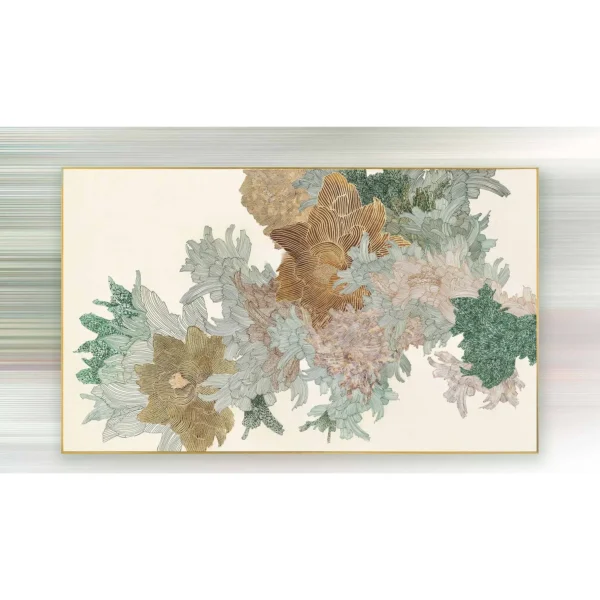 Wide Coral Bloom Relief Wall Art in blue — in a room setting