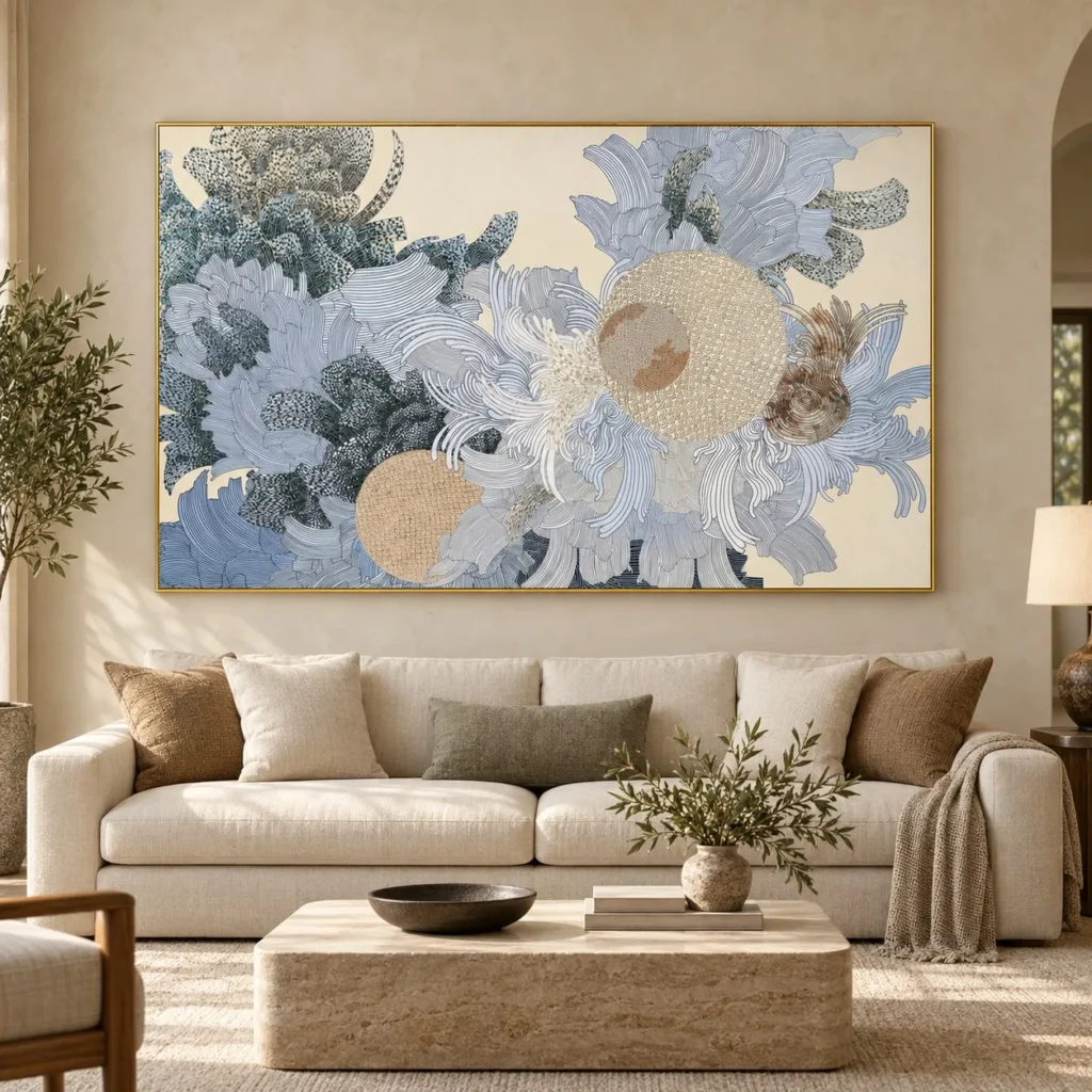 Wide Blue Coral Bloom Relief Wall Art, 200 x 120 cm in blue — front view