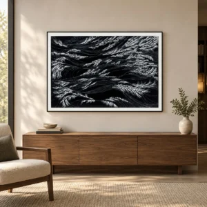 Silver Waves on Black Relief in Frame, 130 x 90 cm — front view