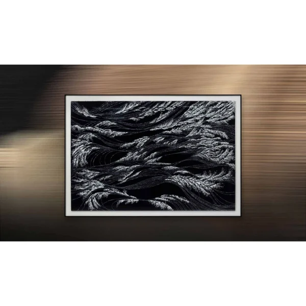 Silver Waves on Black Relief in Frame, 130 x 90 cm — in a room setting