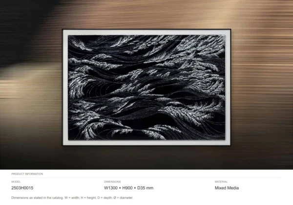 Silver Waves on Black Relief in Frame, 130 x 90 cm — dimensions
