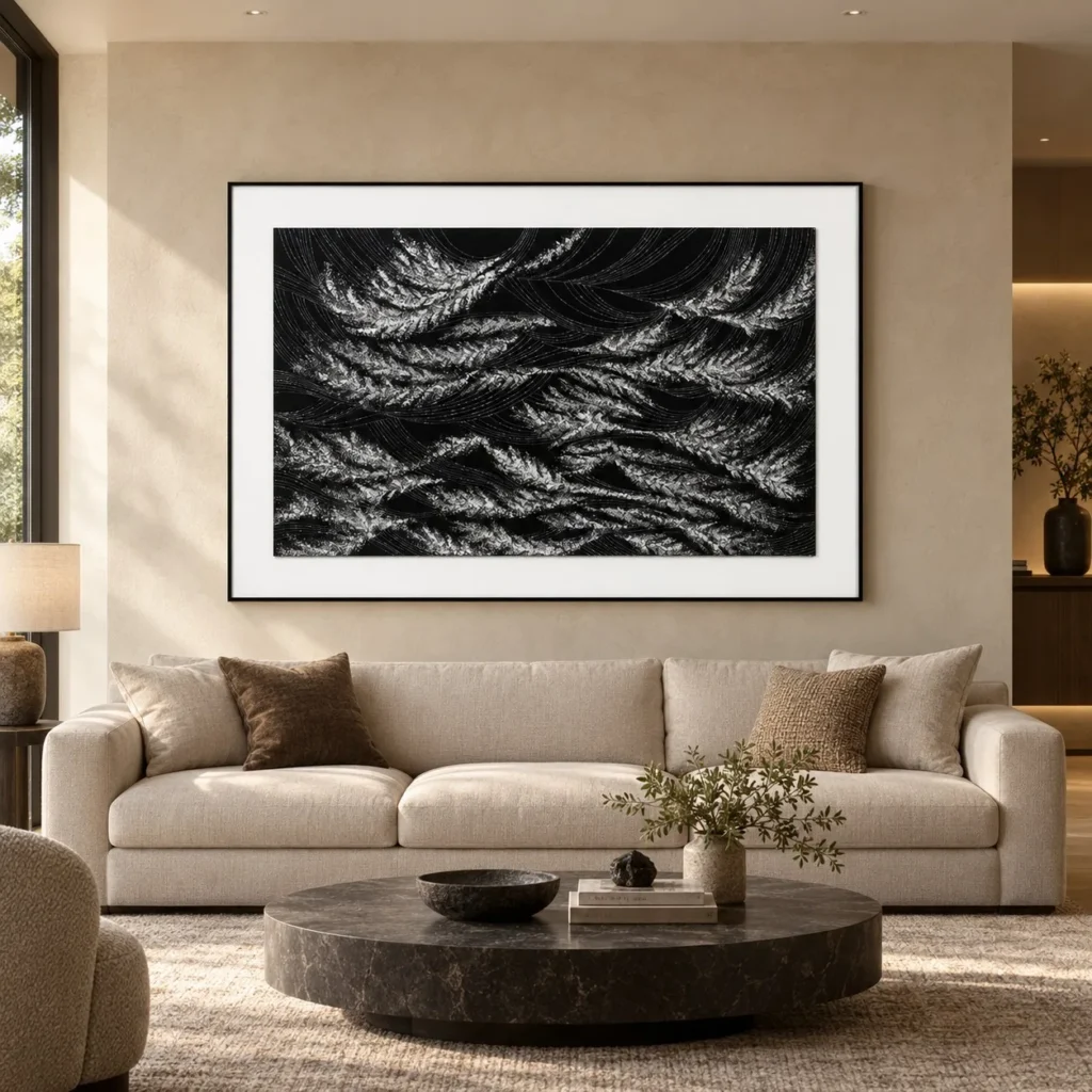 Silver Waves on Black Relief in Black Frame, 150 x 100 cm — front view