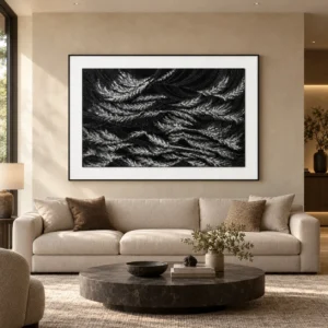 Silver Waves on Black Relief in Black Frame, 150 x 100 cm — front view