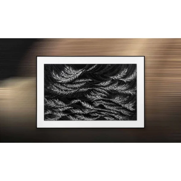 Silver Waves on Black Relief in Black Frame, 150 x 100 cm — in a room setting