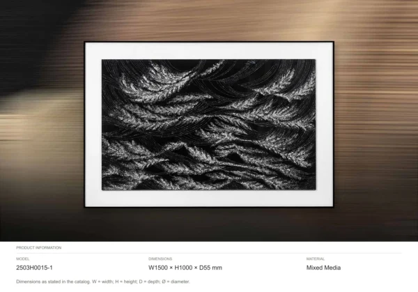 Silver Waves on Black Relief in Black Frame, 150 x 100 cm — dimensions