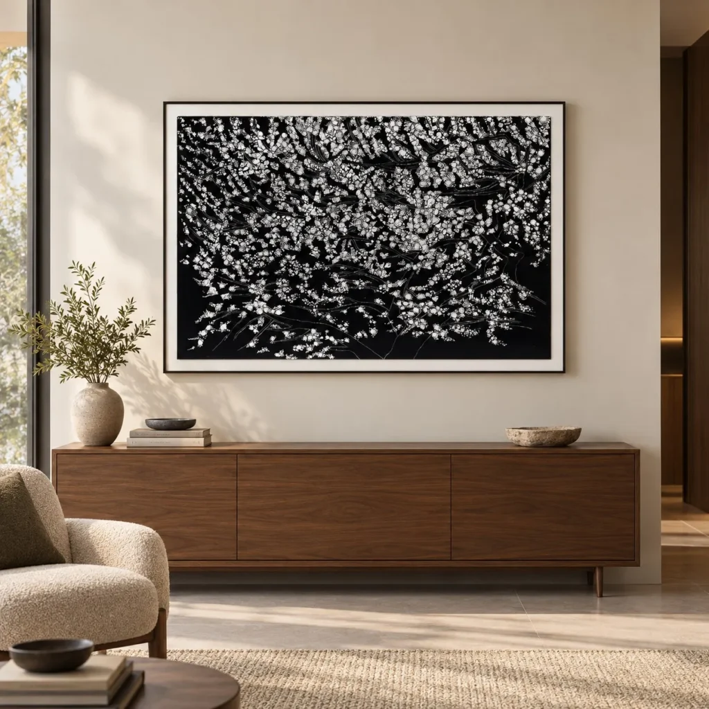 White Blossom on Black Mosaic in Frame, 130 x 90 cm — front view