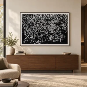 White Blossom on Black Mosaic in Frame, 130 x 90 cm — front view