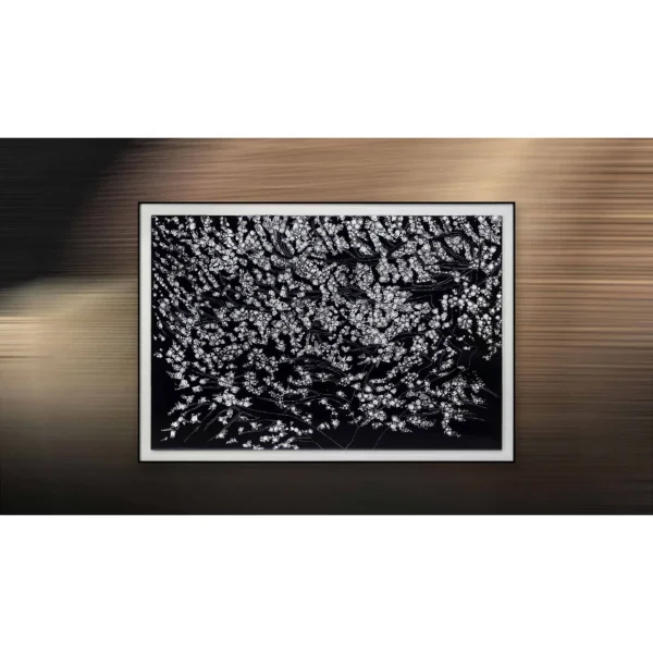 White Blossom on Black Mosaic in Frame, 130 x 90 cm — in a room setting